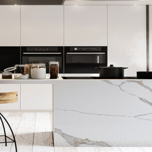 Find a white Delano kitchen with important marble counter tops.